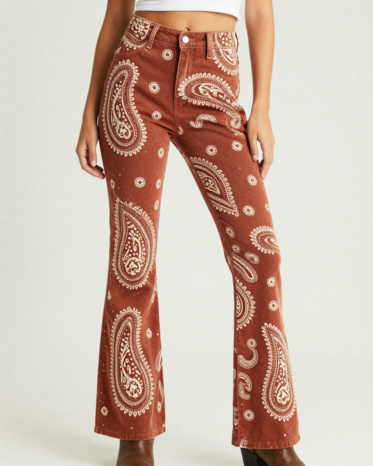Giant Paisley Rust Bootcut Jeans – Front View – Riley – Rust / Cream