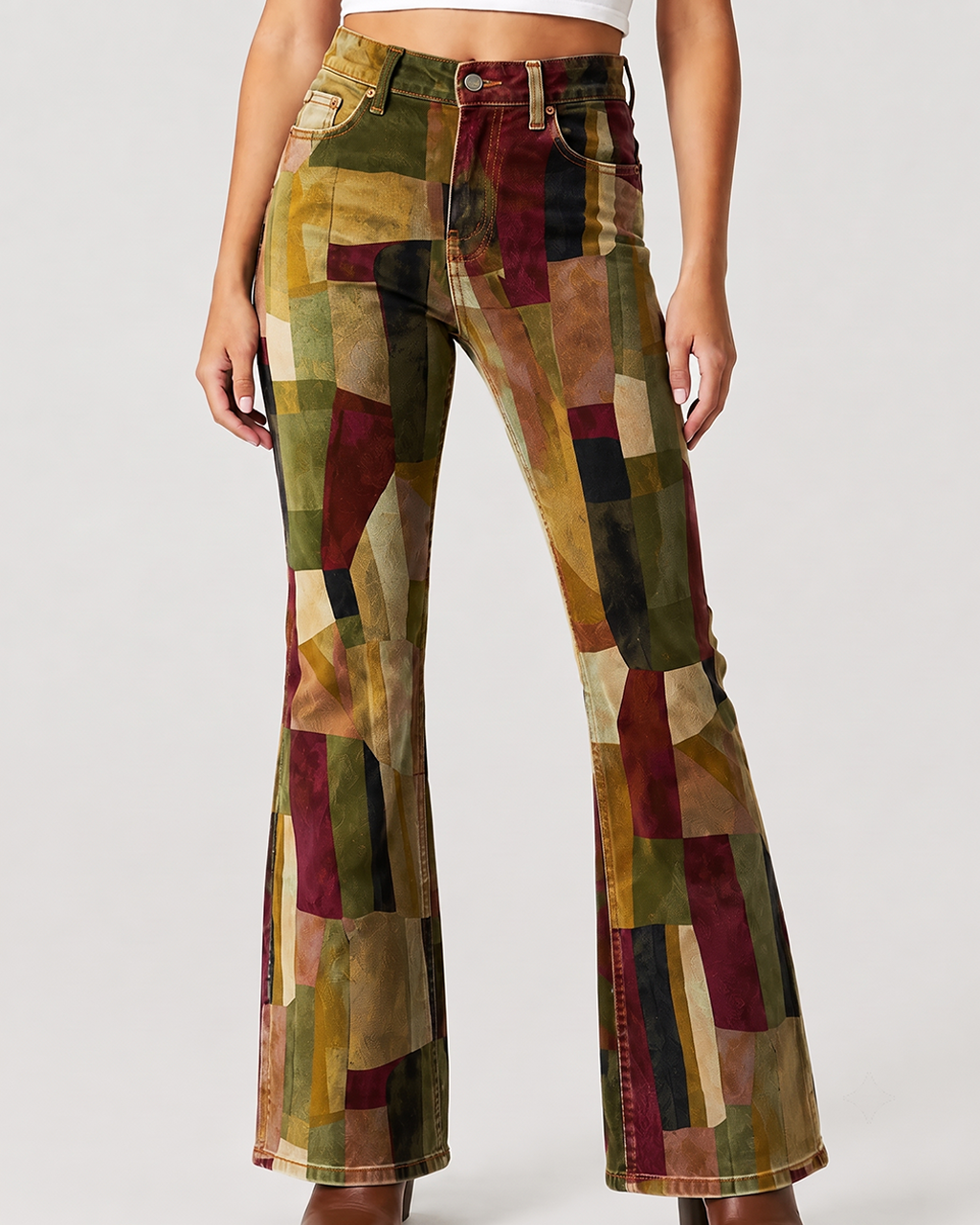 Canyon Mosaic Bootcut Jeans – Front View – Riley – olive, rust