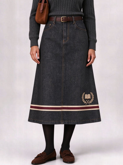 Frontier Crest Stripe Ankle-Length Denim Skirt