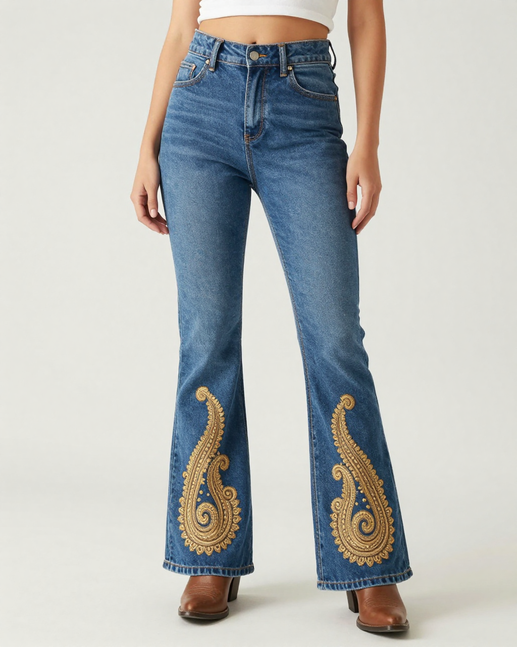 Blue Paisley Lower Bootcut Jeans – Front View – Riley – Medium Blue
