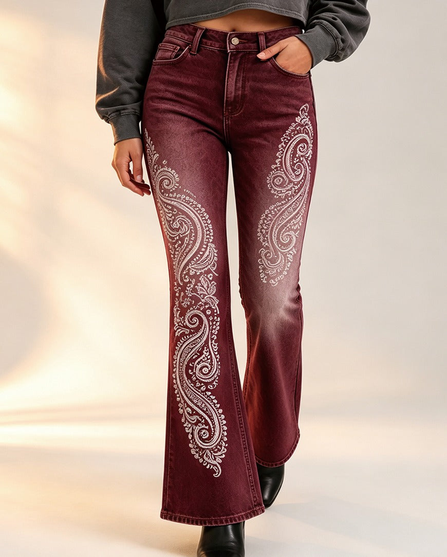 Prairie Paisley Bootcut Jeans – Front View – Riley – burgundy