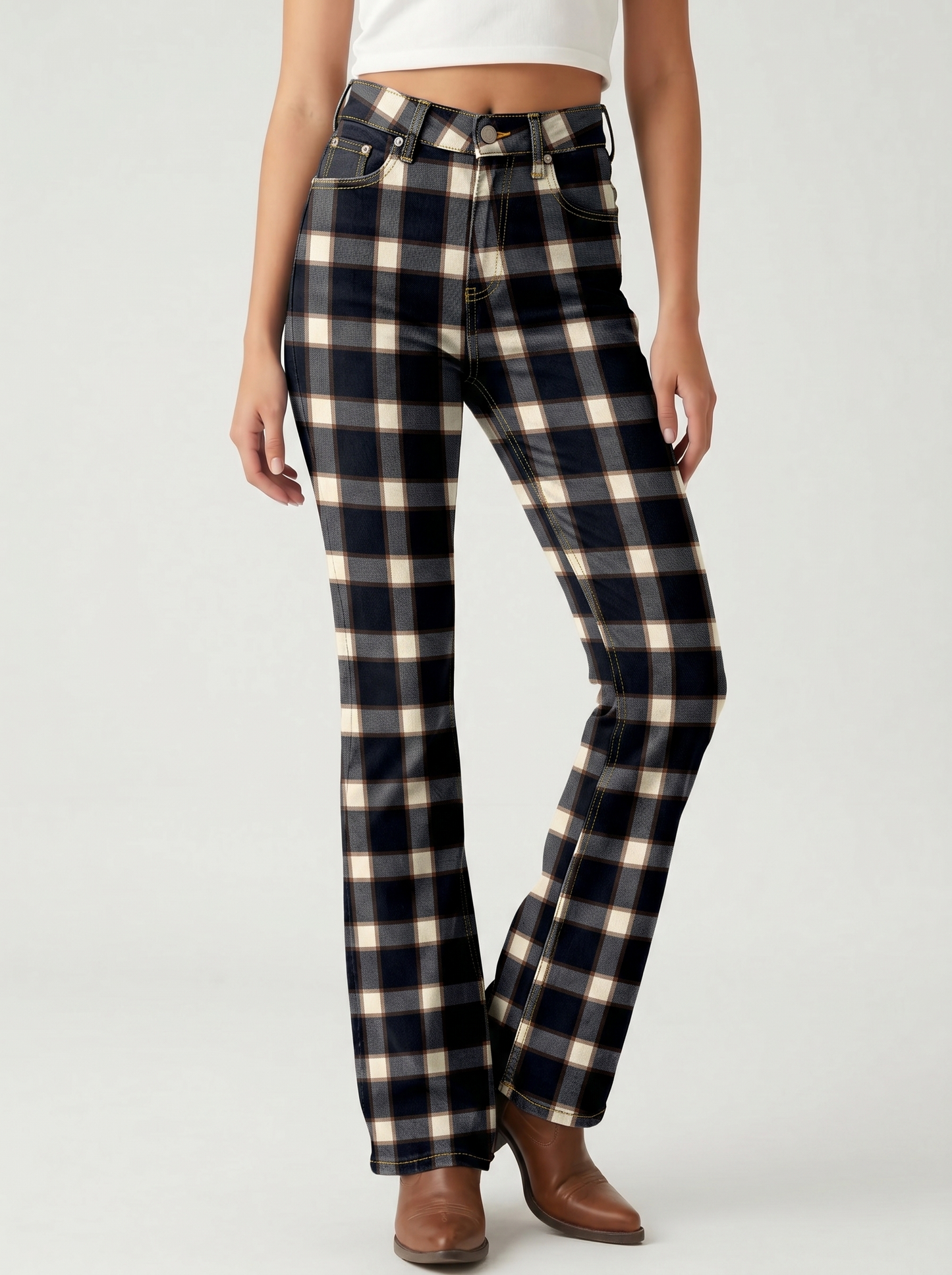 Plaid Ridge Bootcut Jeans – Front View – Riley – Dark Indigo