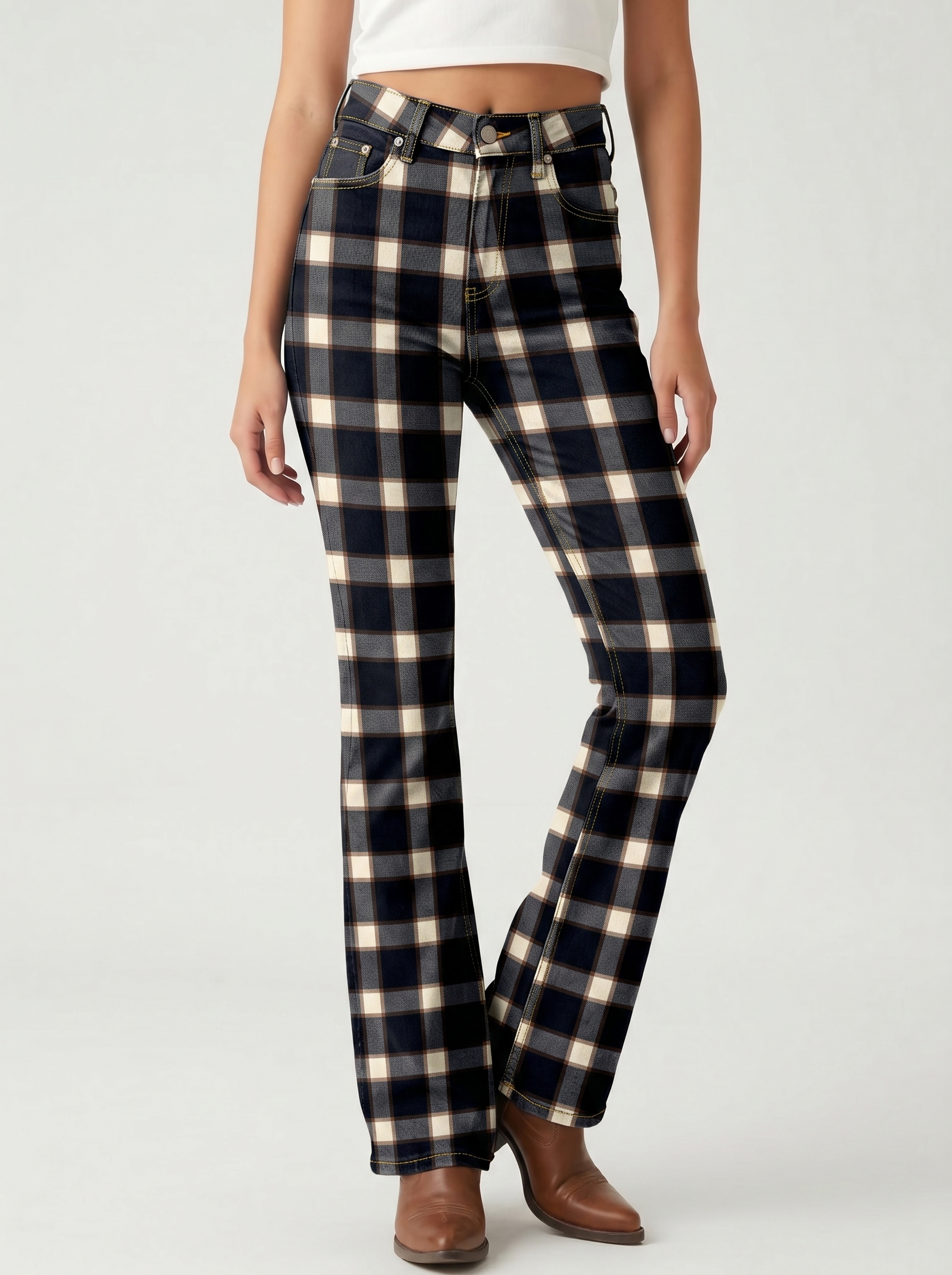 Plaid Ridge Bootcut Jeans – Front View – Riley – Dark Indigo