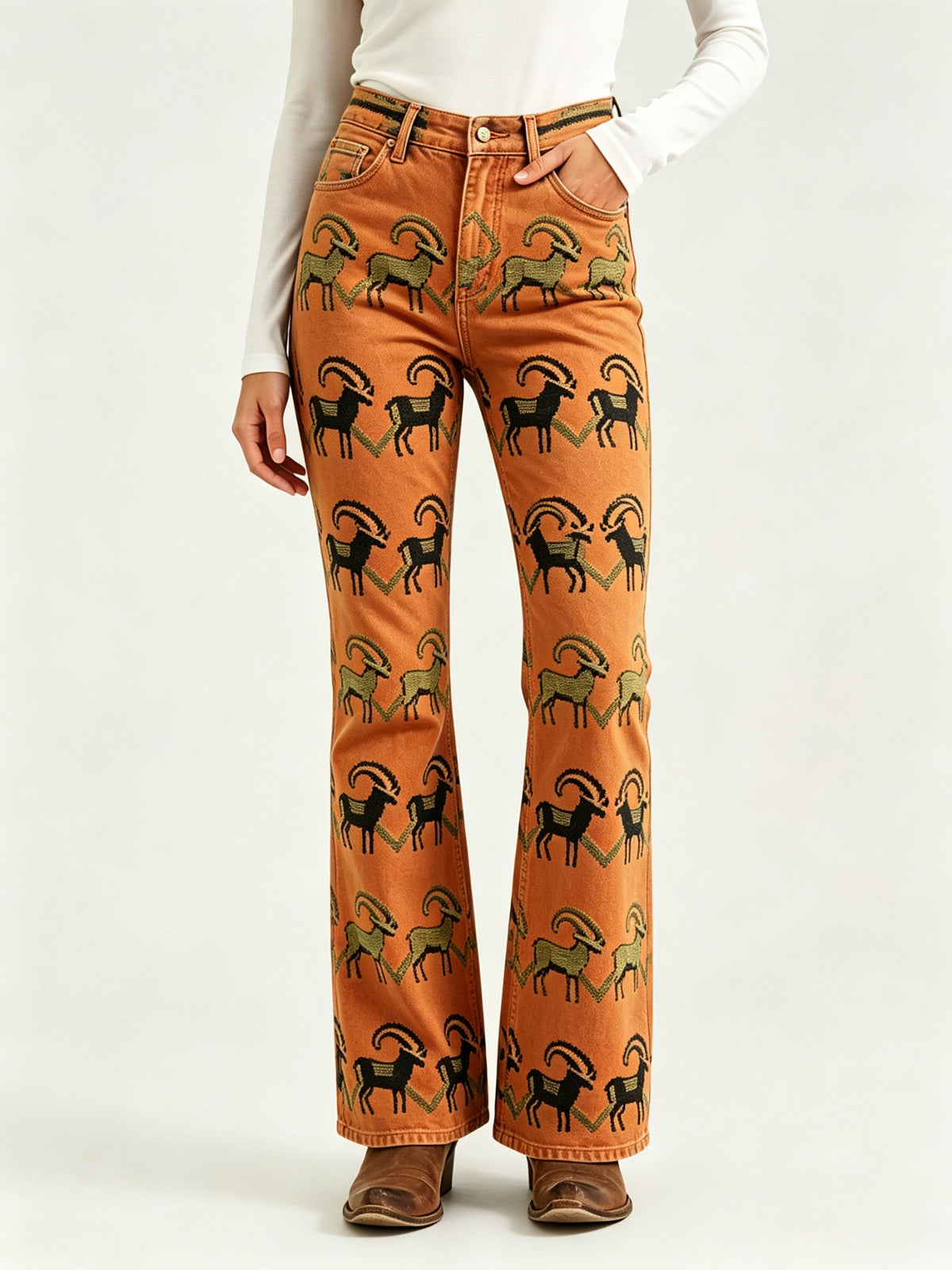 Ramblin' Rust Bootcut Jeans – Front View – Riley – Burnt Orange