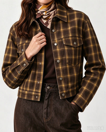 Sunset Plaid Cropped Denim Jacket