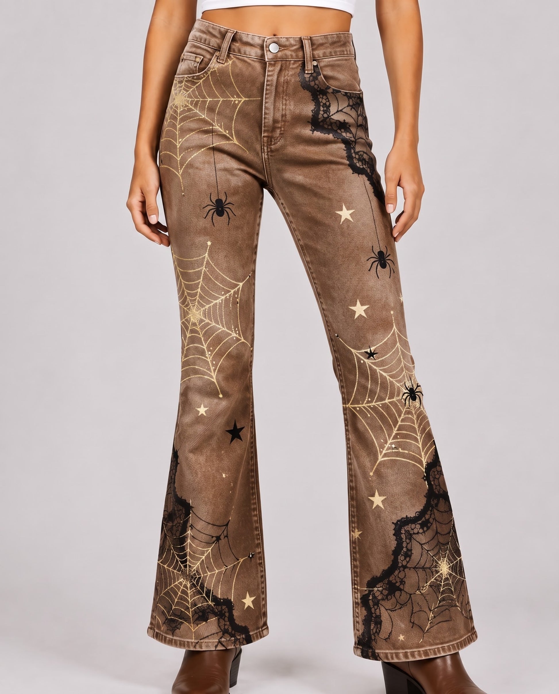 Spiderweb Sage Bootcut Jeans – Front View – Riley – brown