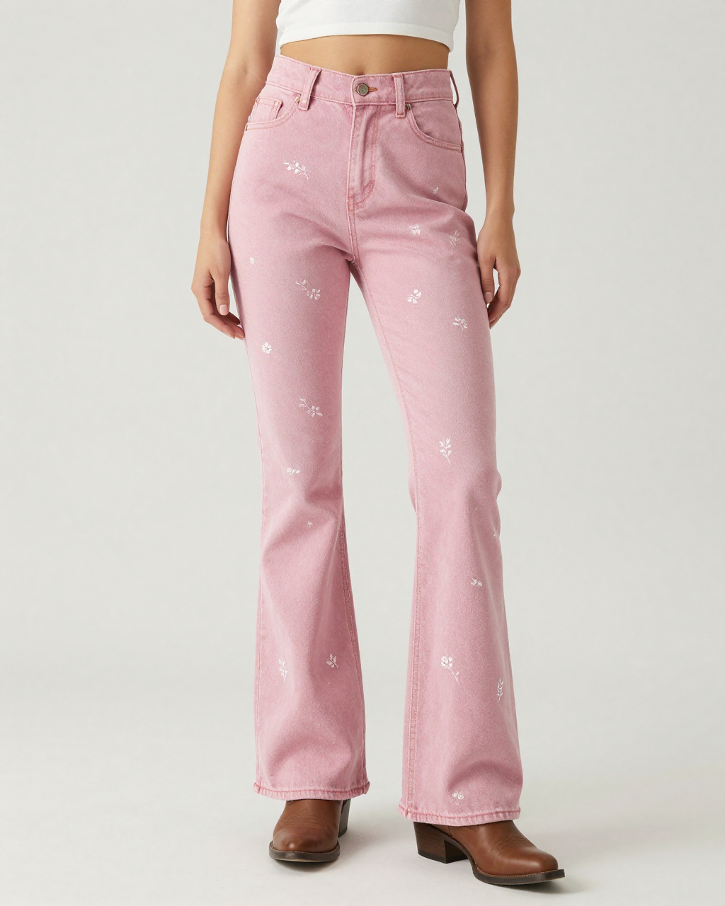 Rose Scattered Floral Bootcut Jeans – Front View – Riley – Light Rose