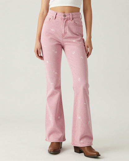Rose Scattered Floral Bootcut Jeans – Front View – Riley – Light Rose