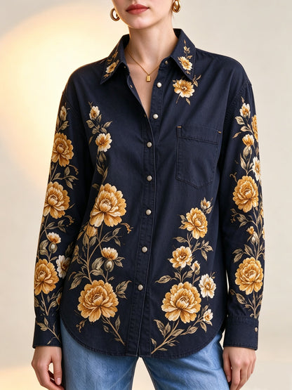 Midnight Rose Roundup Long Sleeve Denim Shirt
