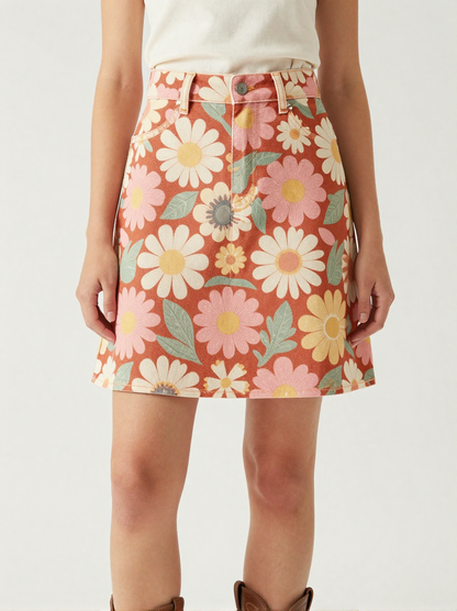 Sunset Daisy Denim Mini Skirt – Front View – Jessie – Rust / Gold / Cream
