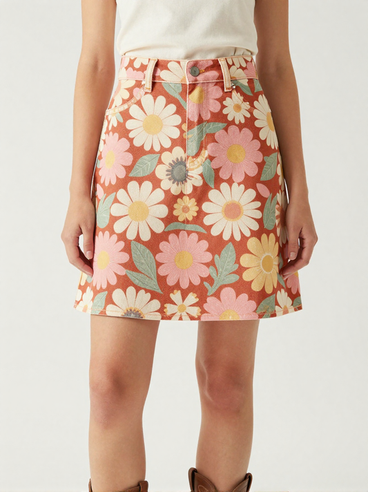 Sunset Daisy Denim Mini Skirt – Front View – Jessie – Rust / Gold / Cream