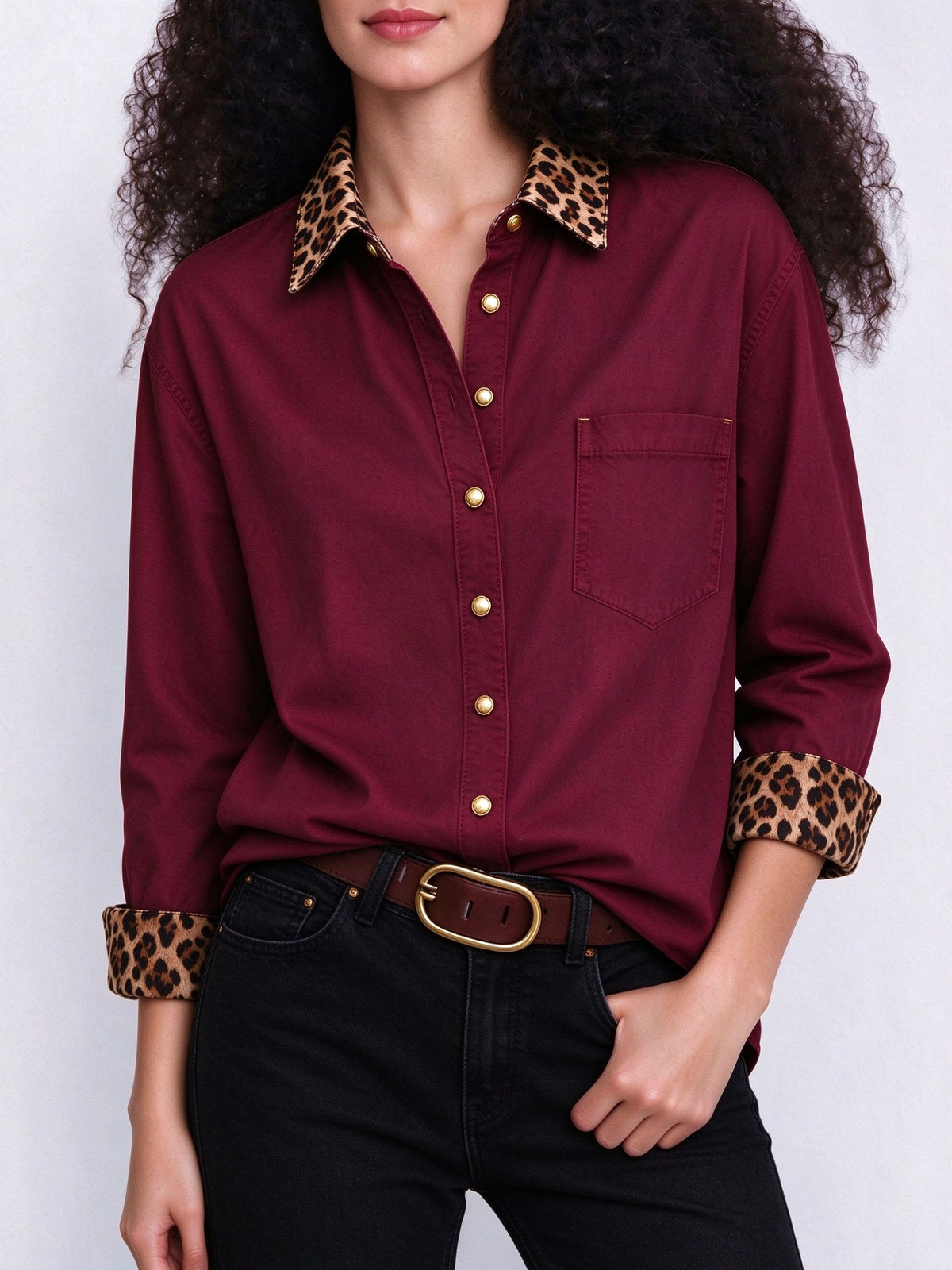 Outlaw Leopard Accent Long Sleeve Denim Shirt