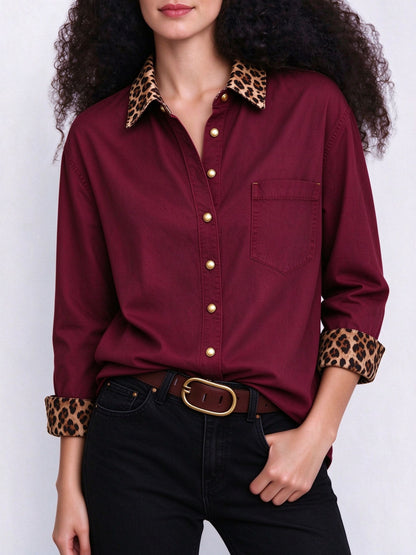 Outlaw Leopard Accent Long Sleeve Denim Shirt