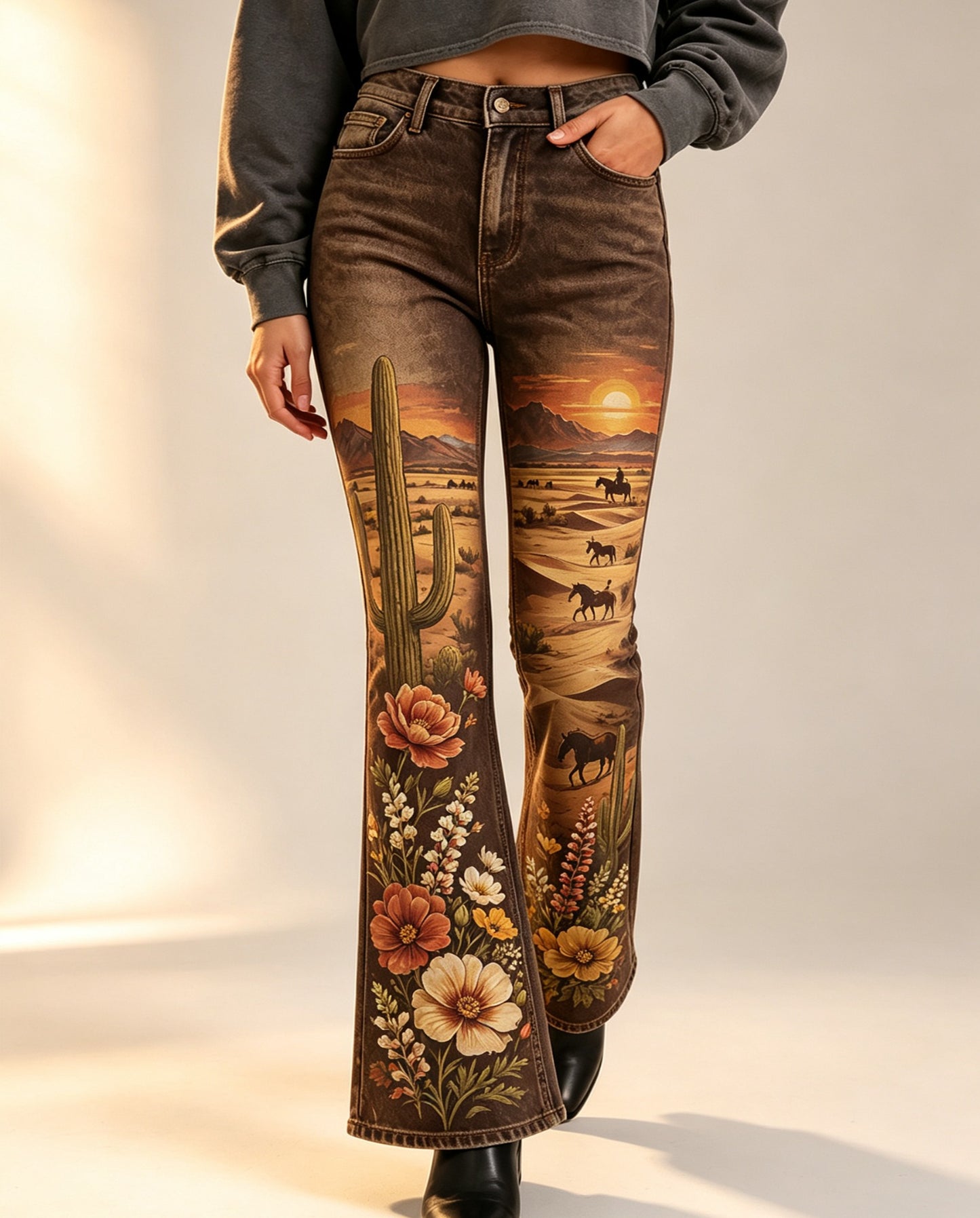 Desert Bloom Brown Floral 3 Bootcut Jeans – Front View – Riley – brown, orange, tan