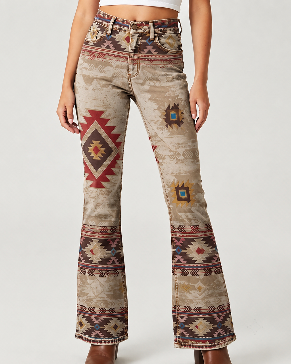 Canyon Mirage Beige Bootcut Jeans – Front View – Riley – beige, red