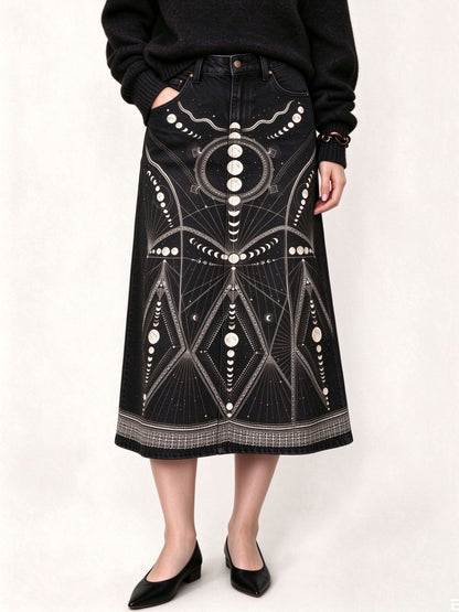 Moon Phase Ankle-Length Denim Skirt