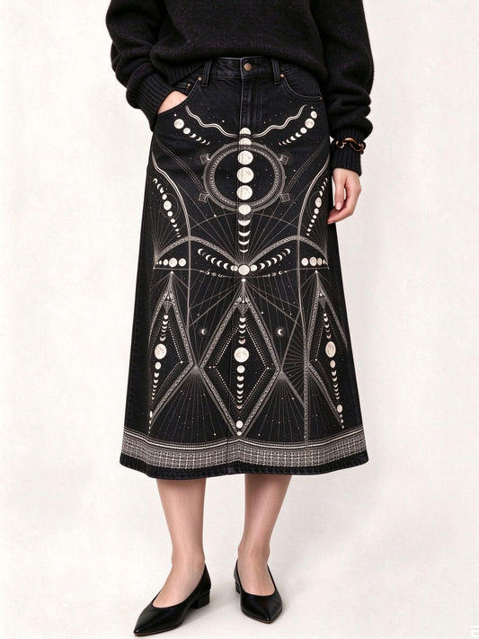 Moon Phase Ankle-Length Denim Skirt