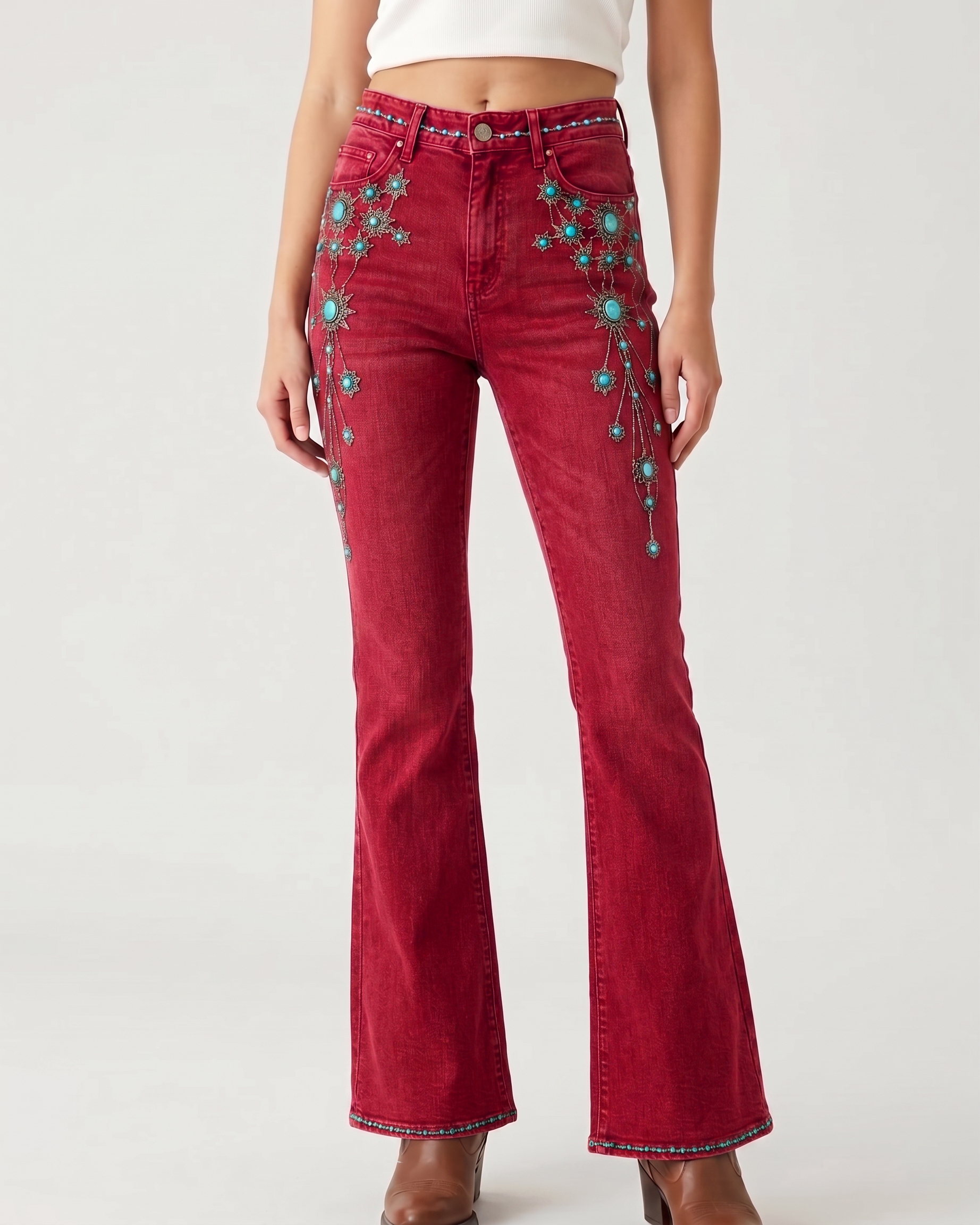 Turquoise Filigree Wave Bootcut Jeans – Front View – Riley – Medium Blue