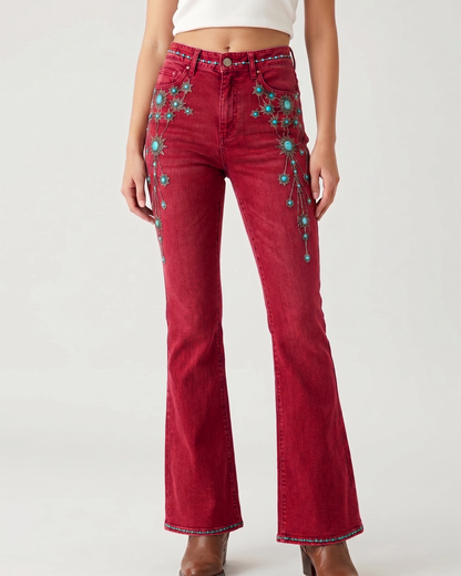 Turquoise Filigree Wave Bootcut Jeans – Front View – Riley – Medium Blue