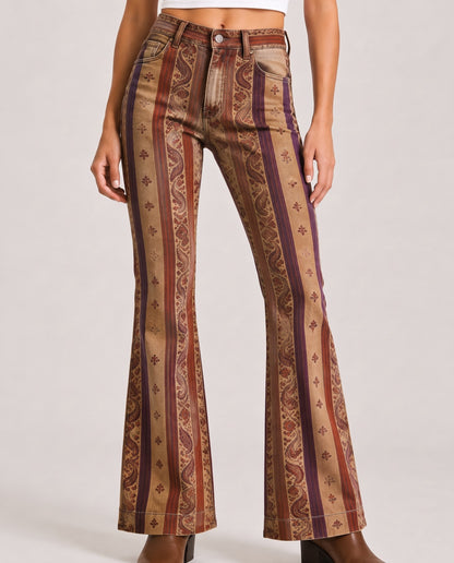 Desert Mirage Tan Bootcut Jeans – Front View – Riley – tan, burgundy, deep purple