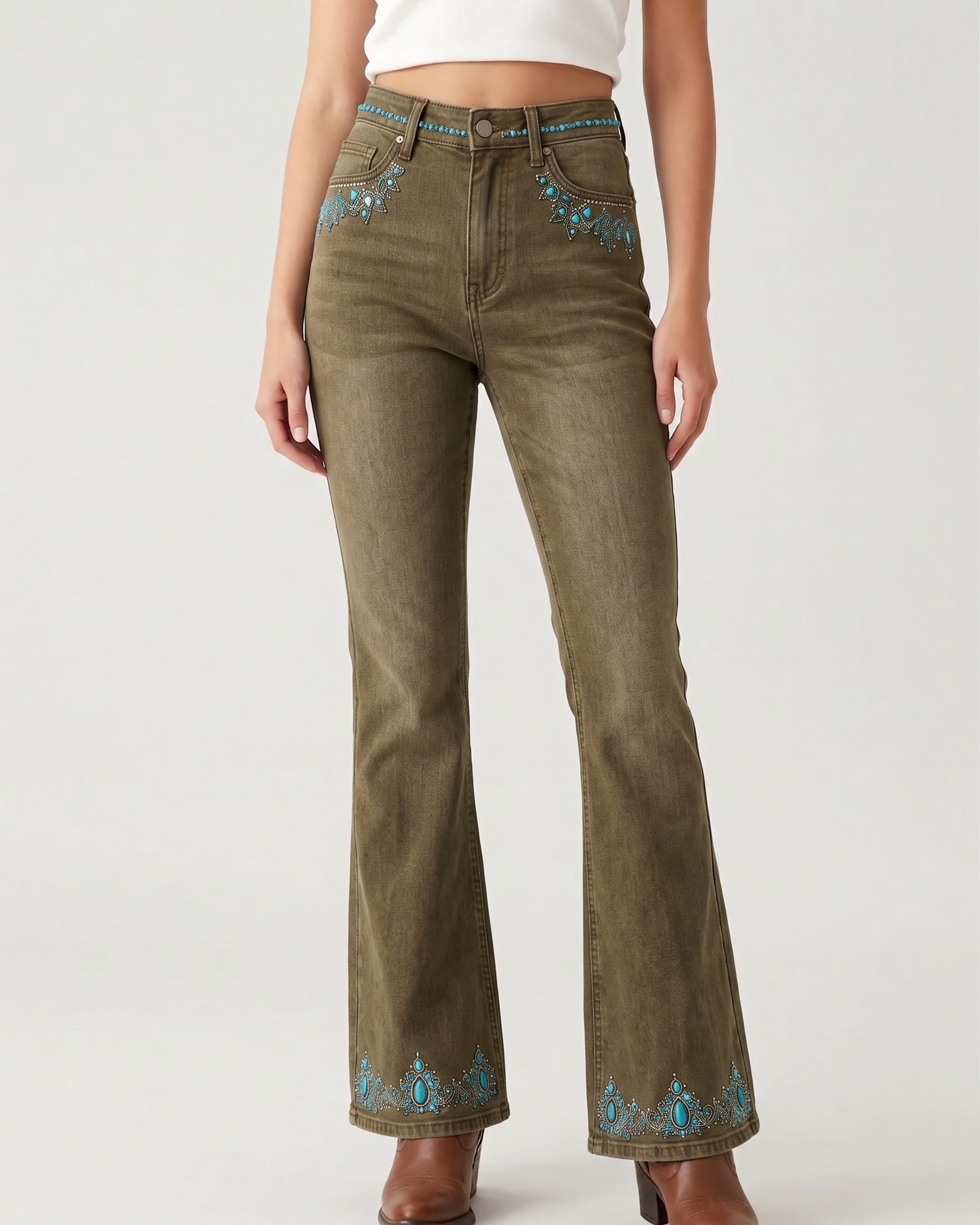 Turquoise Mandala Cascade Bootcut Jeans – Front View – Riley – Medium Blue