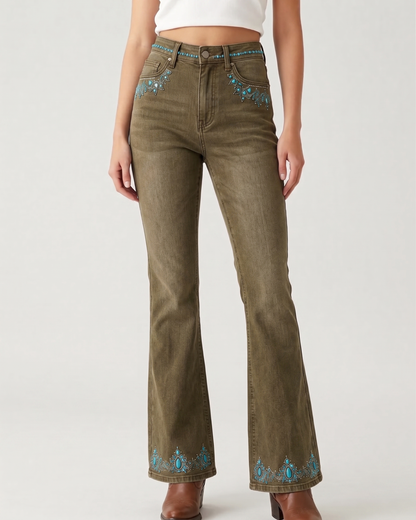 Turquoise Mandala Cascade Bootcut Jeans – Front View – Riley – Medium Blue