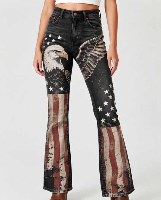 Freedom Hawk Bootcut Jeans – Front View – Riley – black, white, red, blue