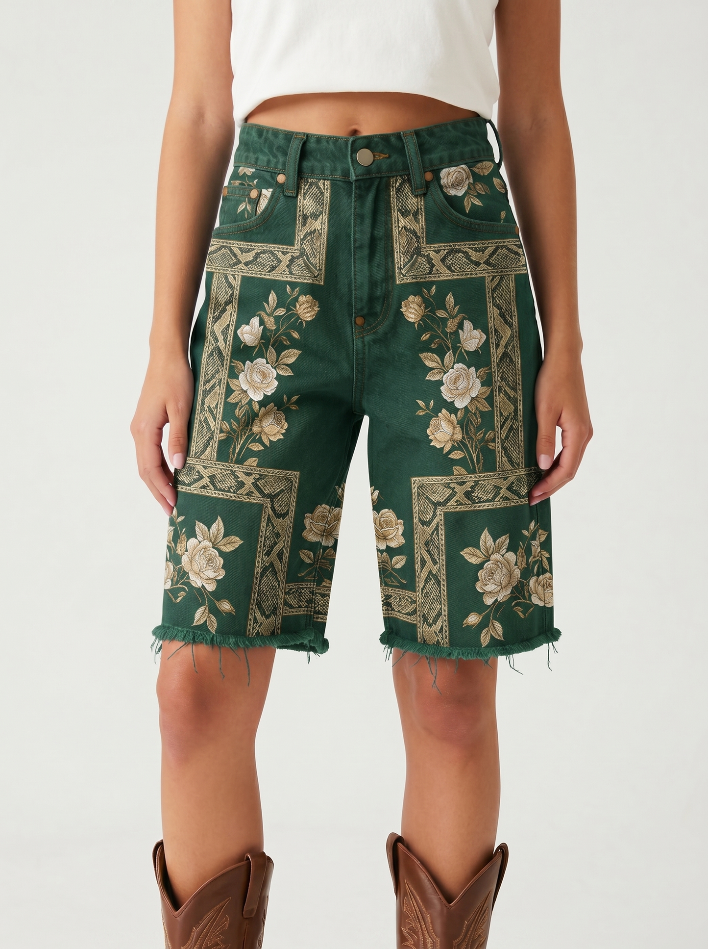 Teal Ornate AOP Denim Shorts – Front View – Riley – Medium Blue