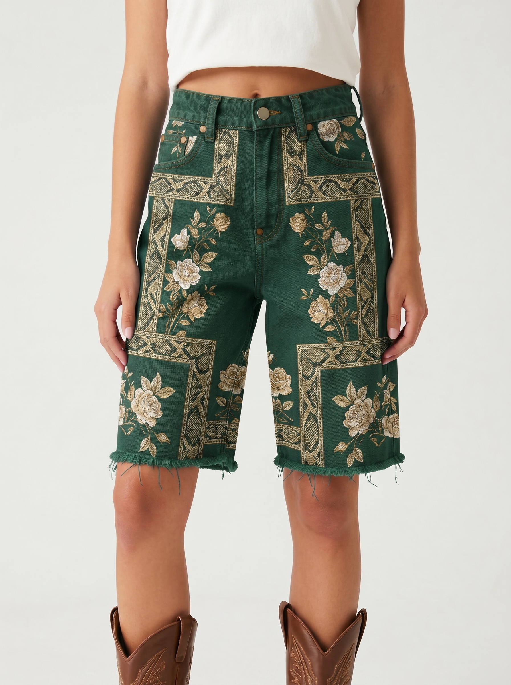 Teal Ornate AOP Denim Shorts – Front View – Riley – Medium Blue