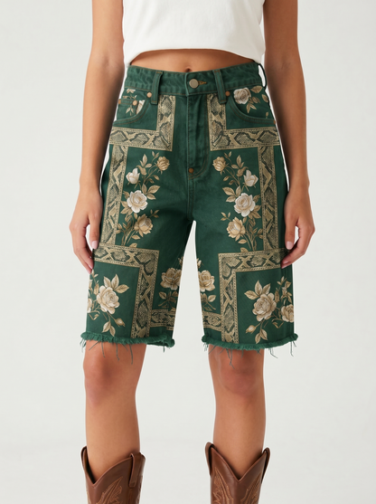 Teal Ornate AOP Denim Shorts – Front View – Riley – Medium Blue