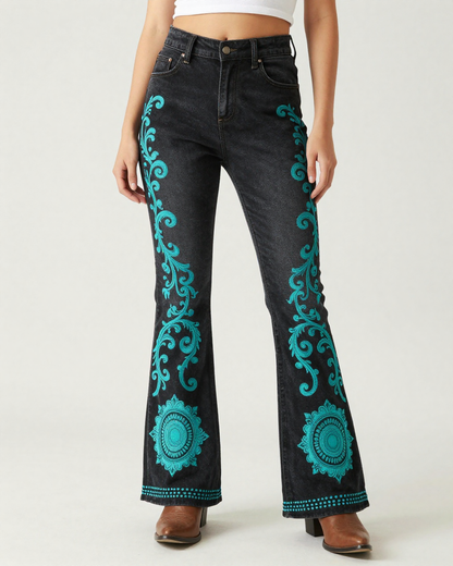 Black Baroque Scroll Bootcut Jeans – Front View – Riley – Black