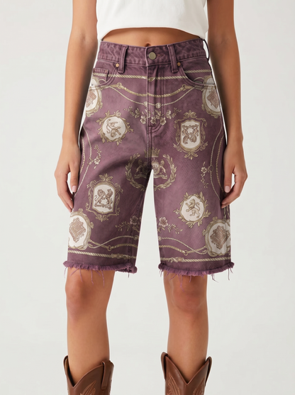 Turquoise Filigree Fade Denim Shorts – Front View – Riley – Medium Blue
