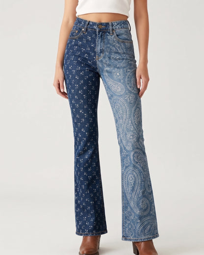 Teal Scroll Symmetry Bootcut Jeans – Front View – Riley – Medium Blue