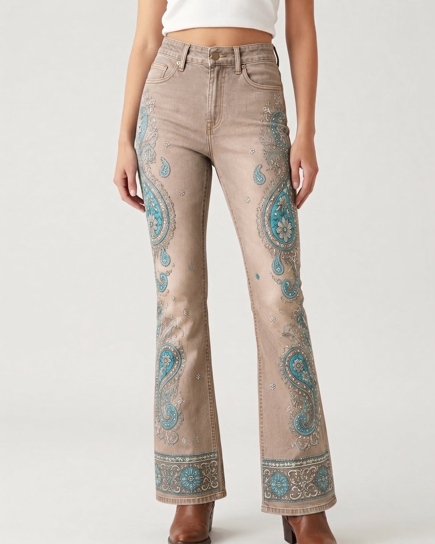 Dark Paisley Allover Bootcut Jeans – Front View – Riley – Dark Blue