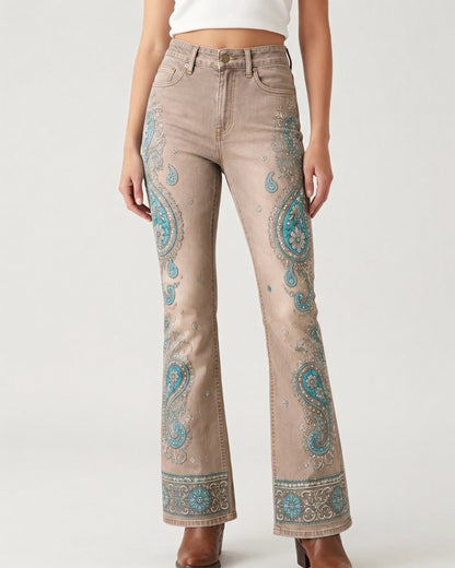 Dark Paisley Allover Bootcut Jeans – Front View – Riley – Dark Blue
