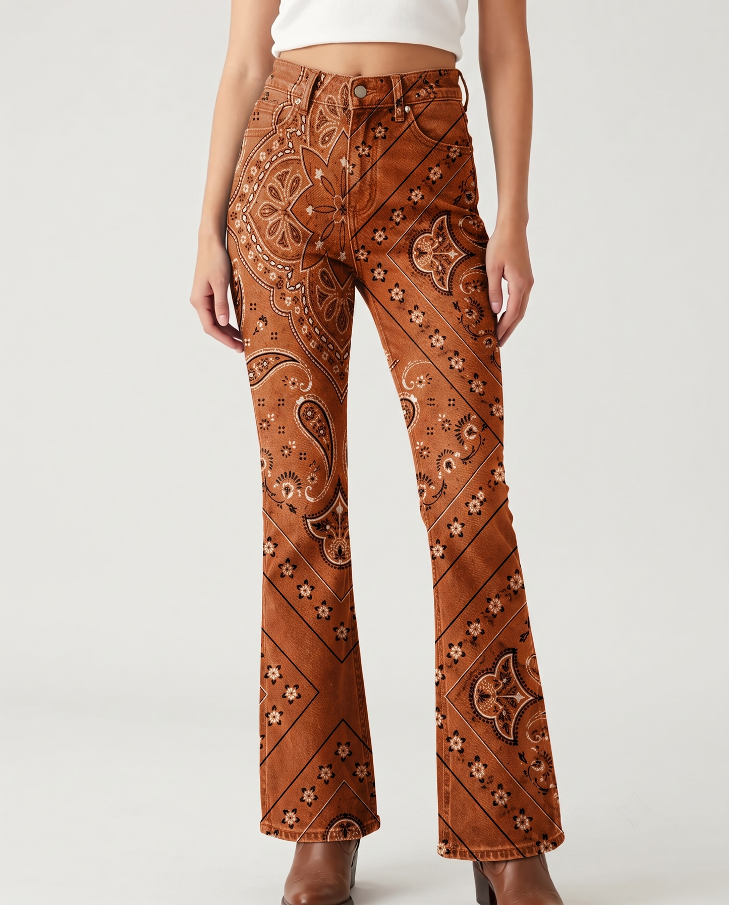Desert Paisley Bootcut Jeans – Front View – Riley – Burnt Orange