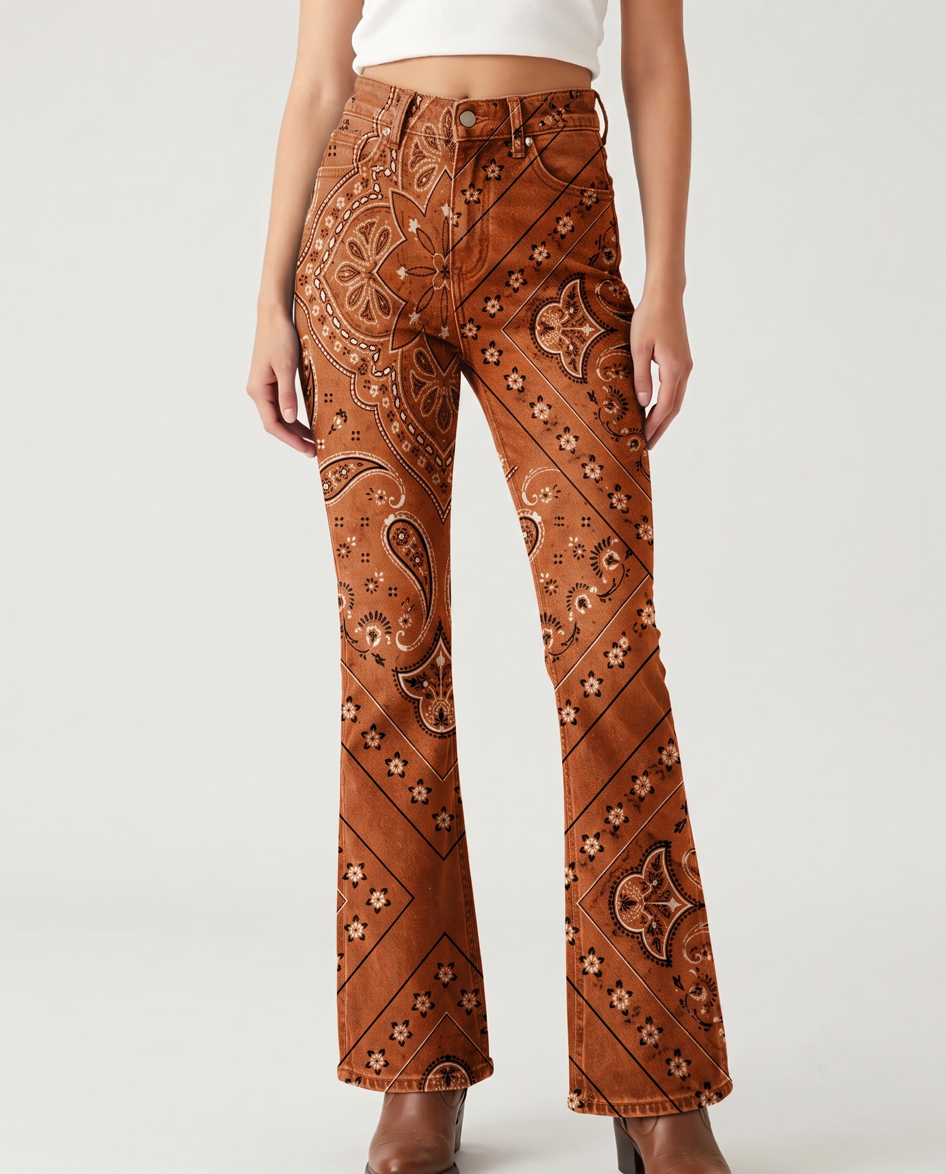 Desert Paisley Bootcut Jeans – Front View – Riley – Burnt Orange