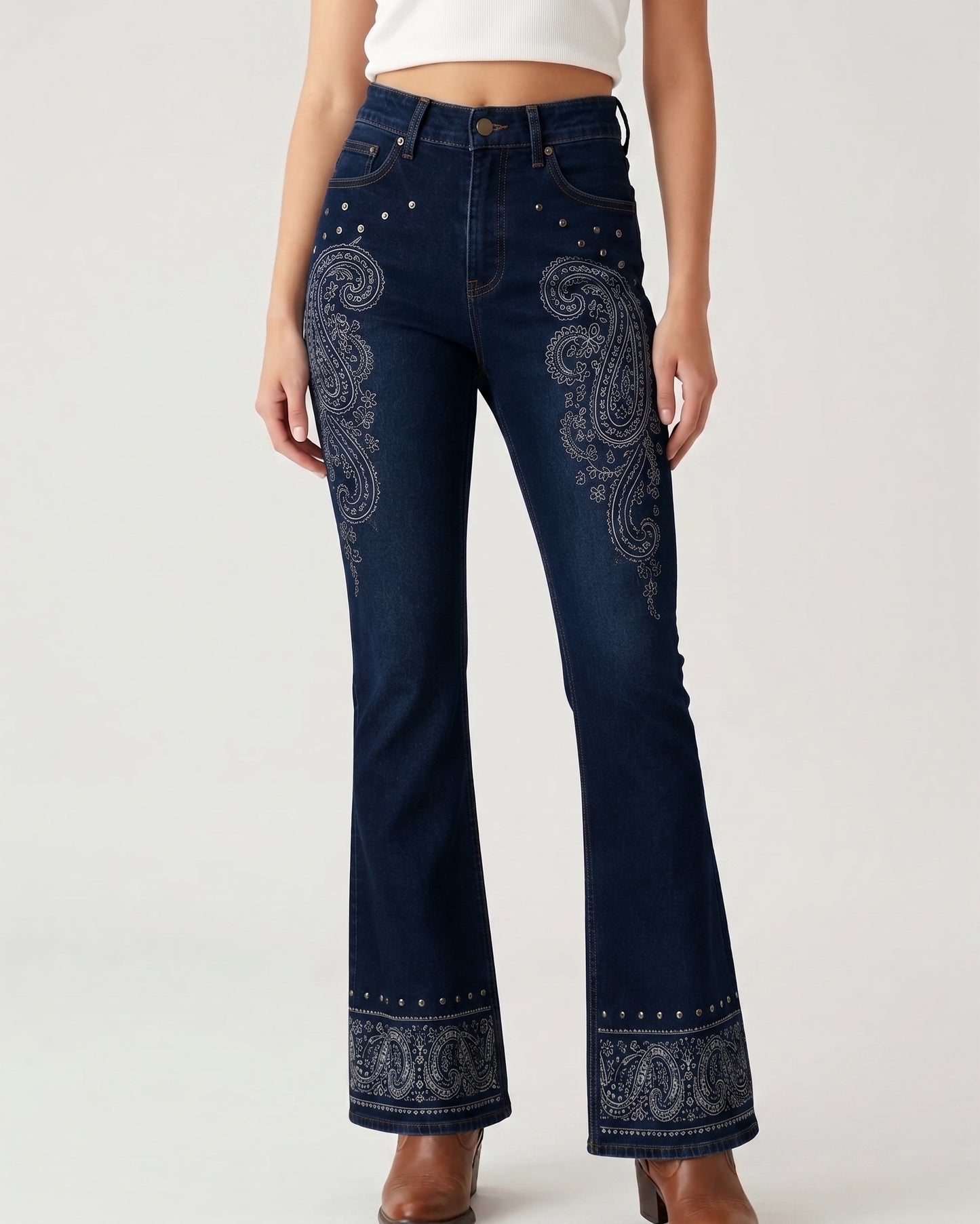 Denim Mandala Bloom Bootcut Jeans – Front View – Riley – Light Blue