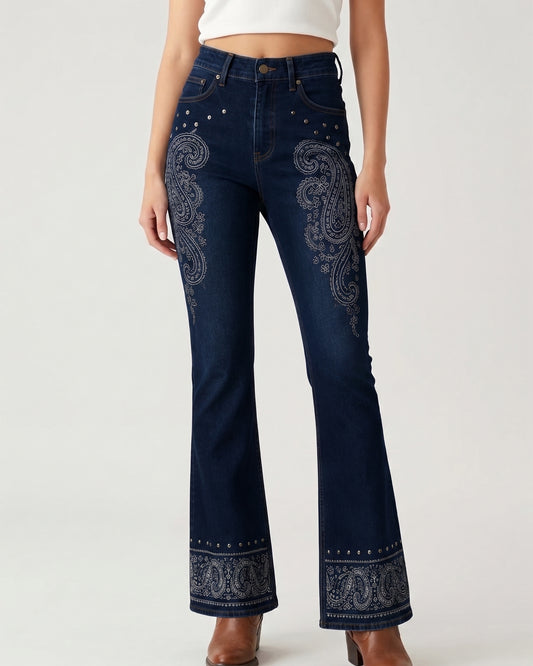 Denim Mandala Bloom Bootcut Jeans – Front View – Riley – Light Blue