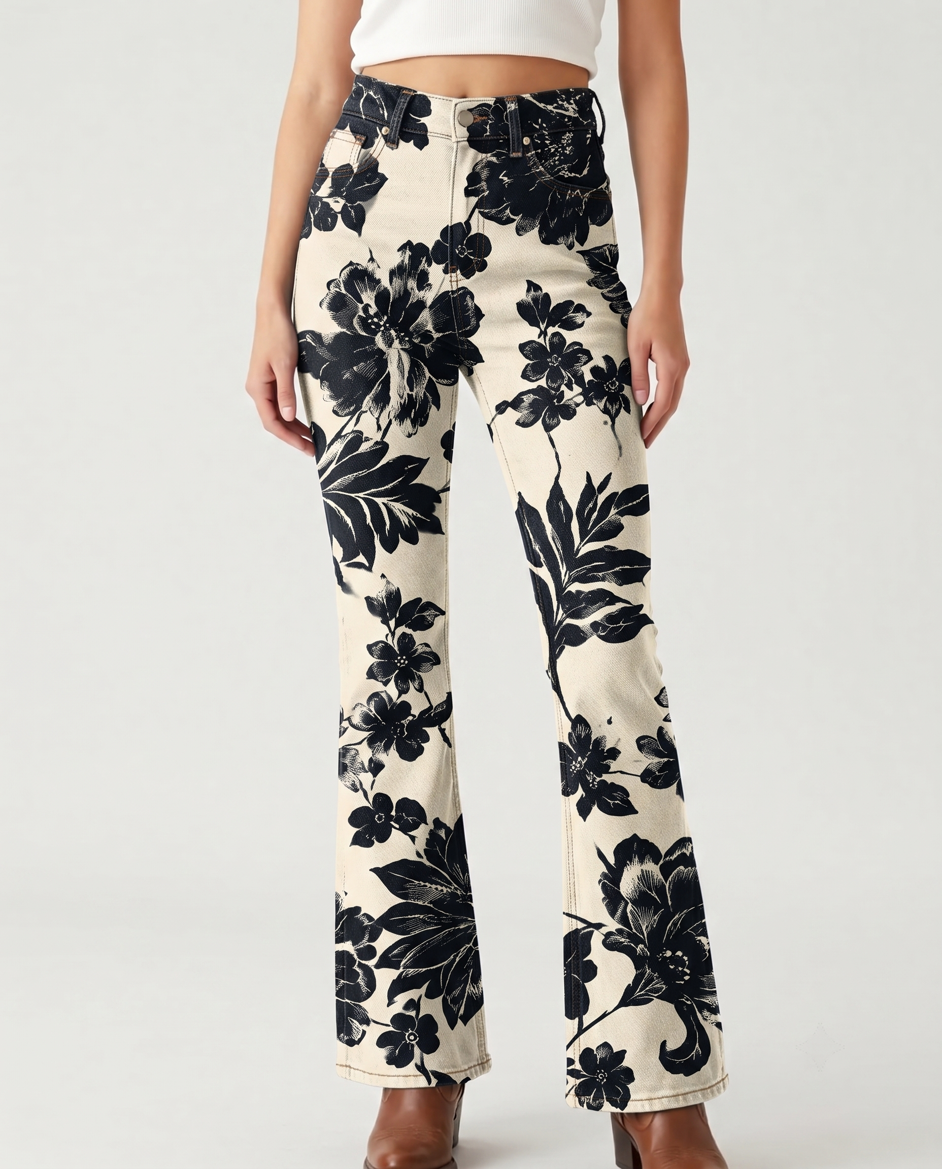 Wild Bloom Cream Bootcut Jeans – Front View – Riley – Cream