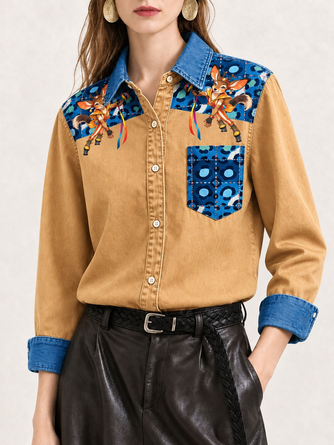 Bronco Patchwork Parade Long Sleeve Denim Shirt