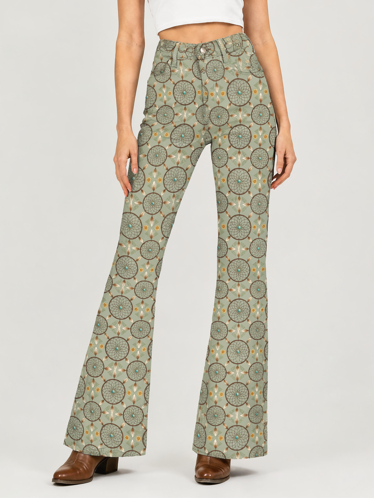 Desert Dreamweaver Bootcut Jeans – Front View – Riley – Sage Green