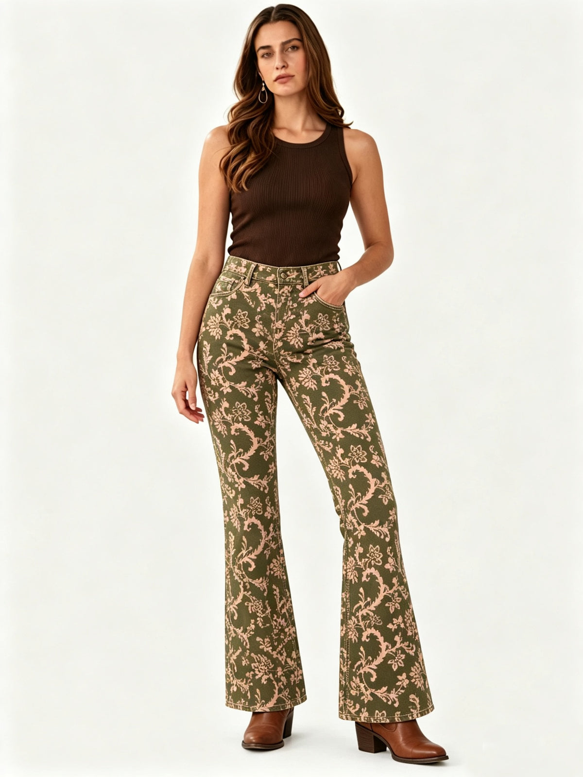 Prairie Bloom Bootcut Jeans – Front View – Riley – olive green