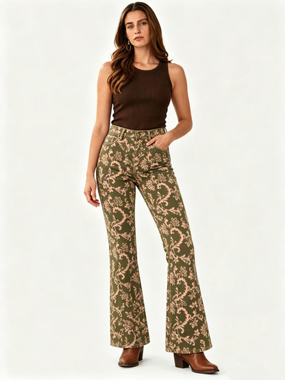 Prairie Bloom Bootcut Jeans – Front View – Riley – olive green
