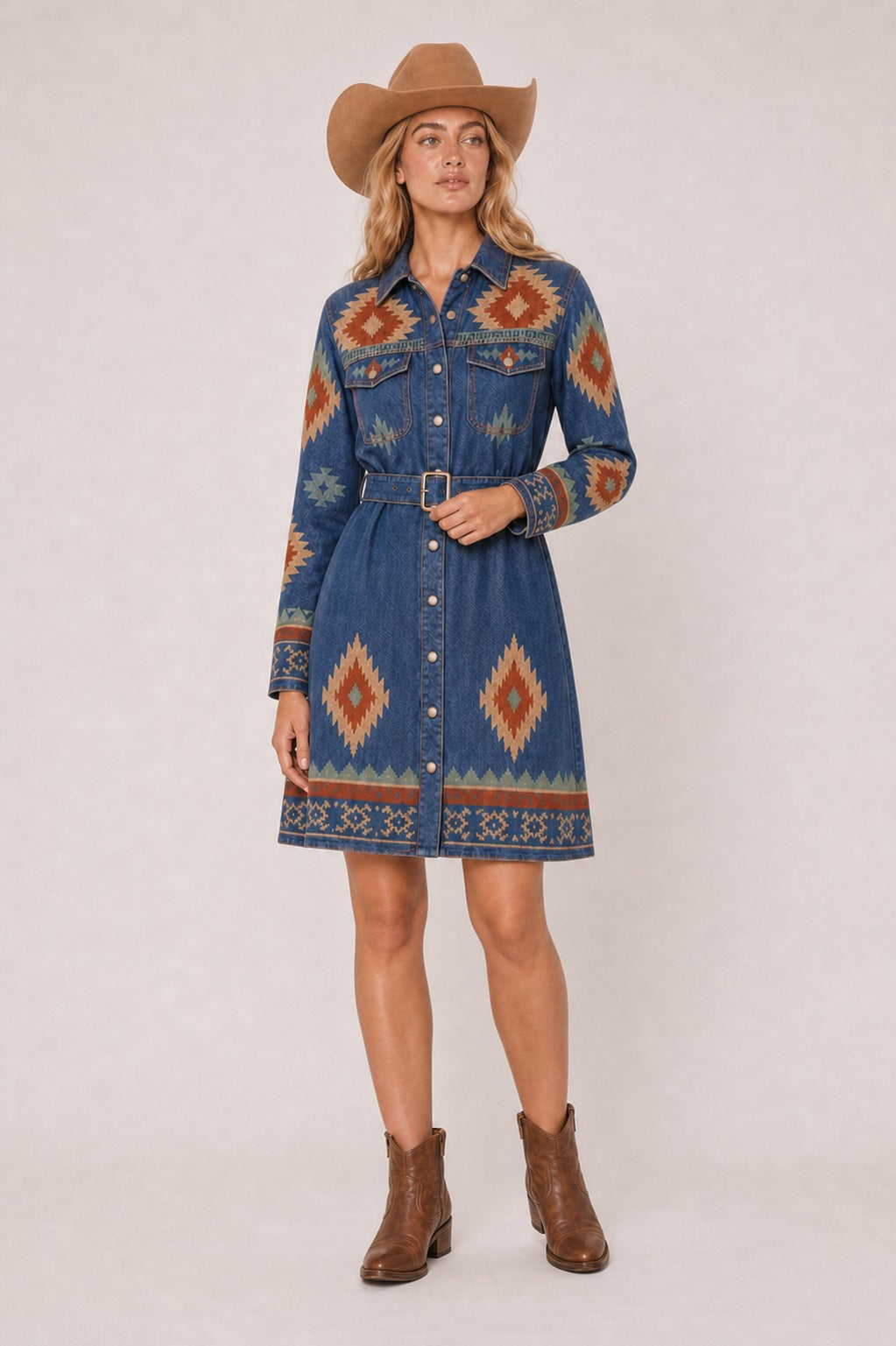 Desert Mirage Denim Geometric Tribal RB-DRS12 – Front View – Riley – Denim Blue