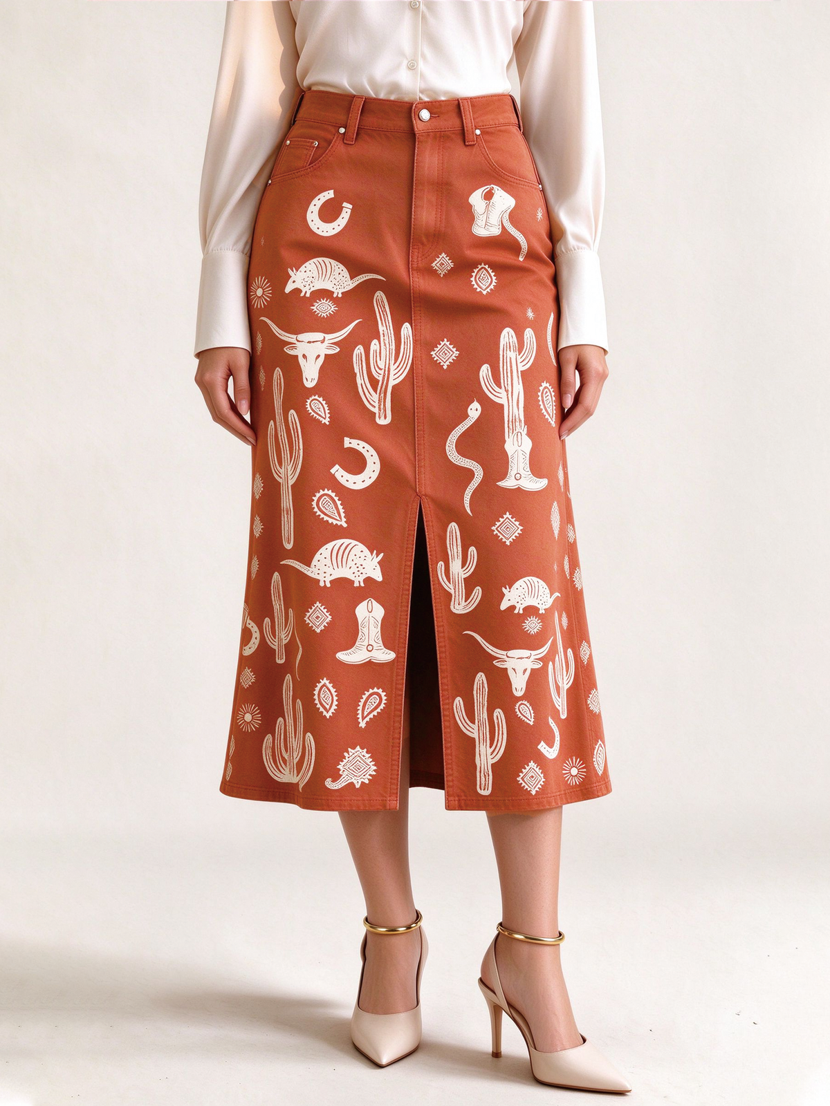 Desert Mirage 976 Western Denim Midi Skirt – Front View – Riley – Terracotta