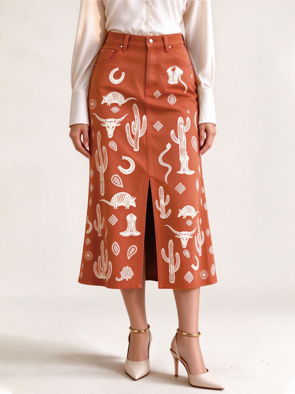 Desert Mirage 976 Western Denim Midi Skirt – Front View – Riley – Terracotta
