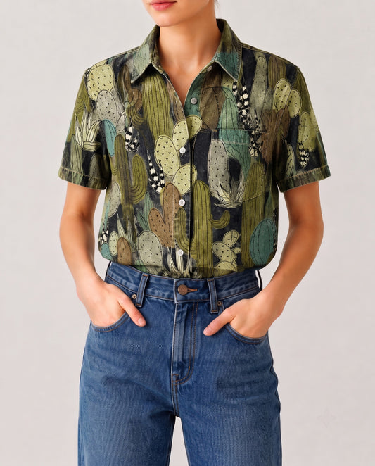 Cactus Mirage Olive Botanical RB-TOP15 – Front View – Riley – Olive Green