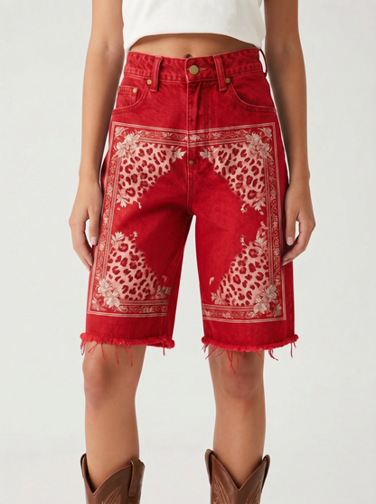 Turquoise Butterfly Cascade Denim Shorts – Front View – Riley – Medium Blue