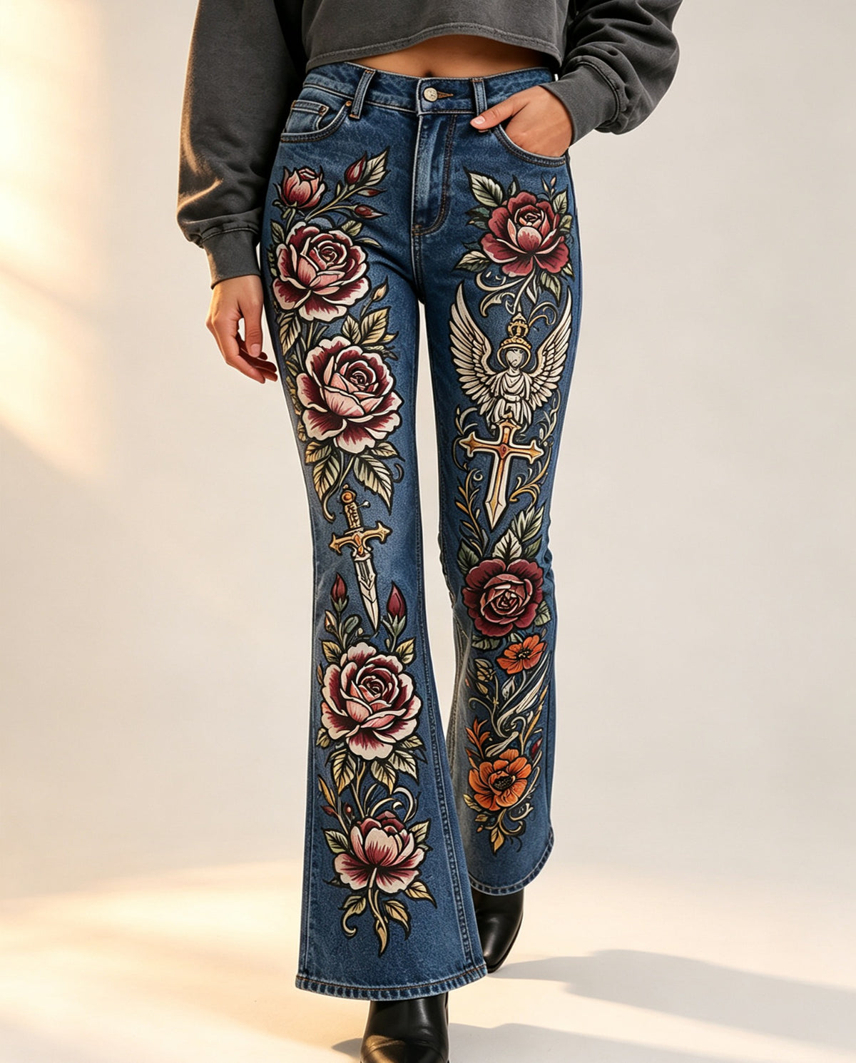 Rustic Rose Reverie Bootcut Jeans – Front View – Riley – deep blue, crimson, gold, ivory